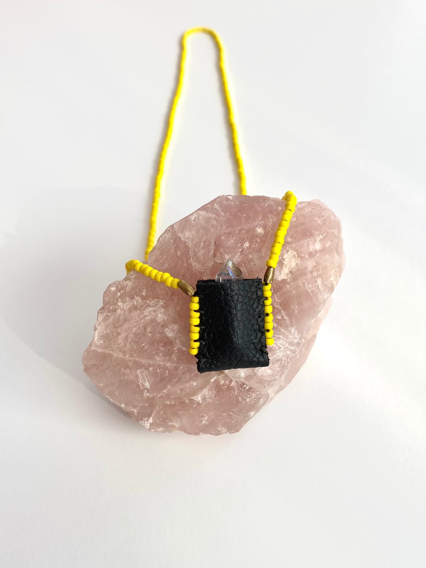 Sacred Indigenous Medicine Pouch- Black Leather With Yellow Beads + Mini Crystal