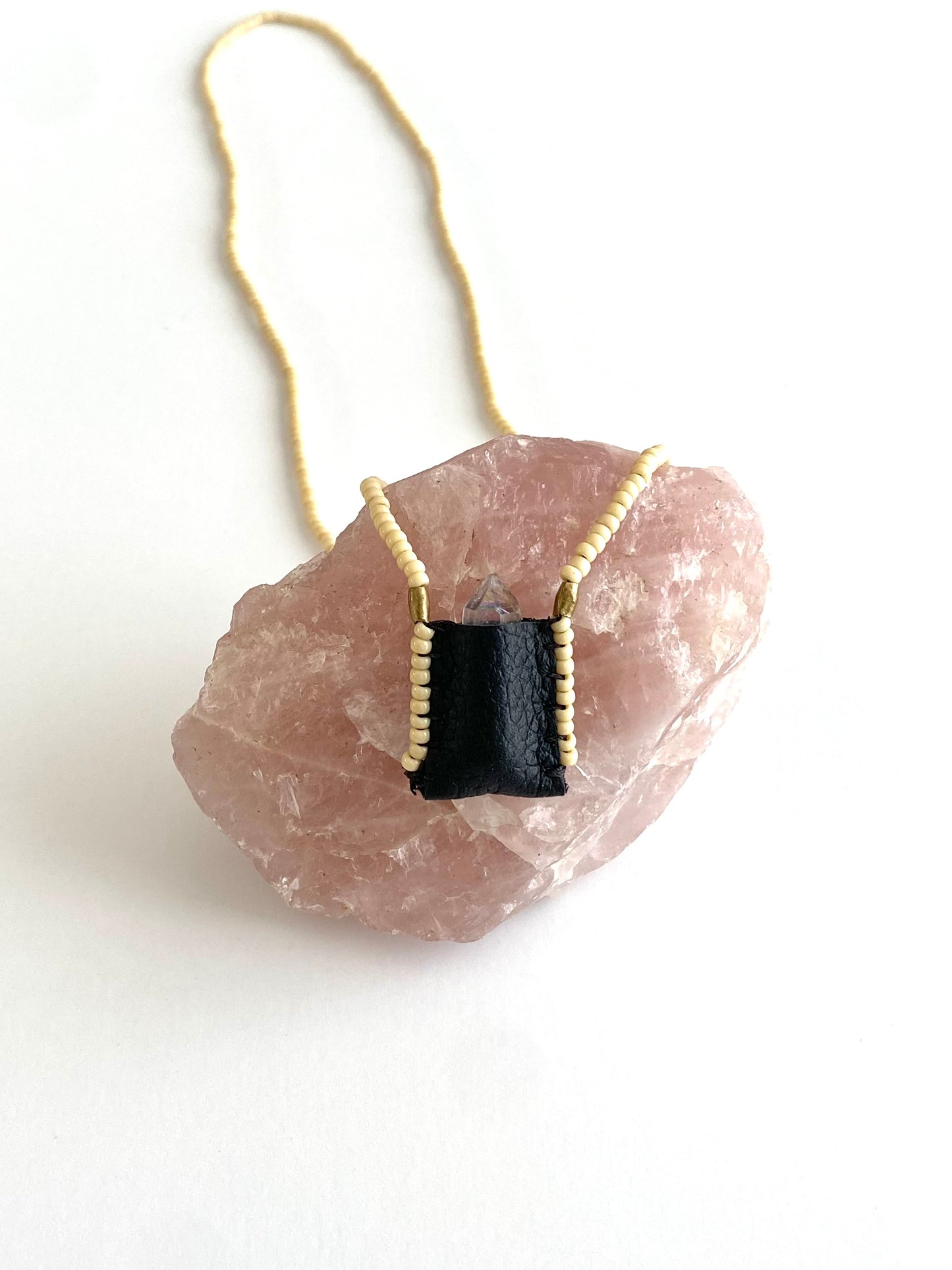 Sacred Indigenous Medicine Pouch - Black Leather With Cream Beads + Mini Crystal