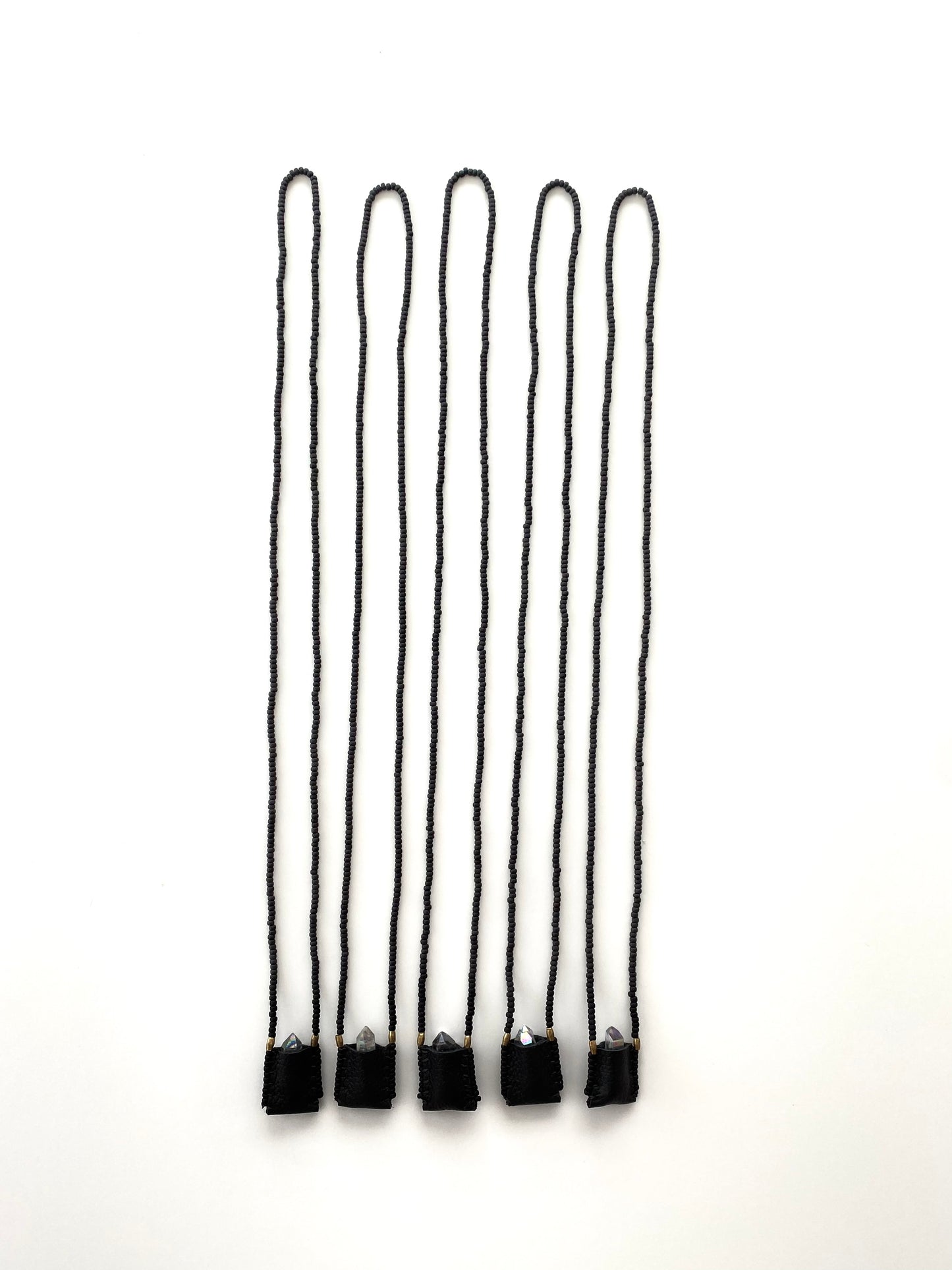 Sacred Indigenous Medicine Pouch Black Leather With Matte Black Beads + Mini Crystal