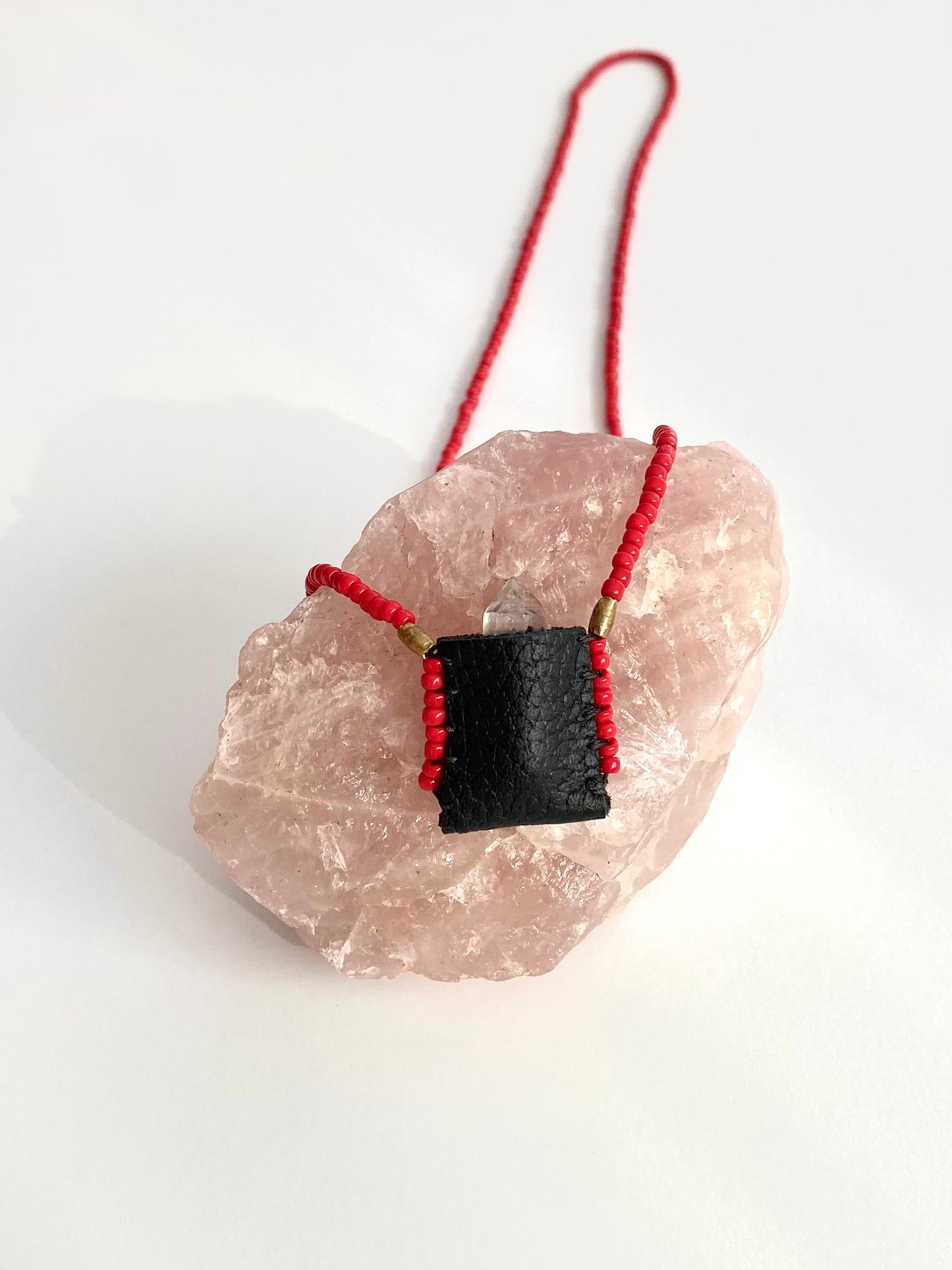 Sacred Indigenous Medicine Pouch Black Leather With Red Beads + Mini Crystal