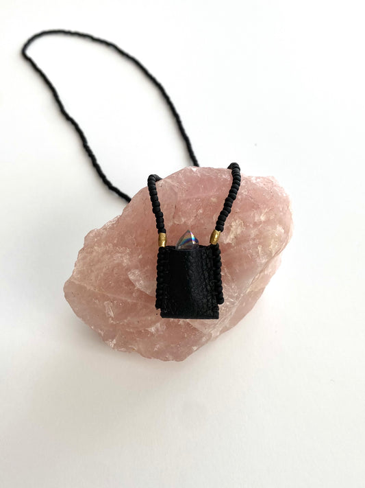 Sacred Indigenous Medicine Pouch Black Leather With Matte Black Beads + Mini Crystal