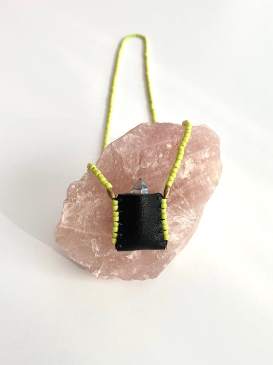 Sacred Indigenous Medicine Pouch- Black Leather With Neon Green Beads + Mini Crystal