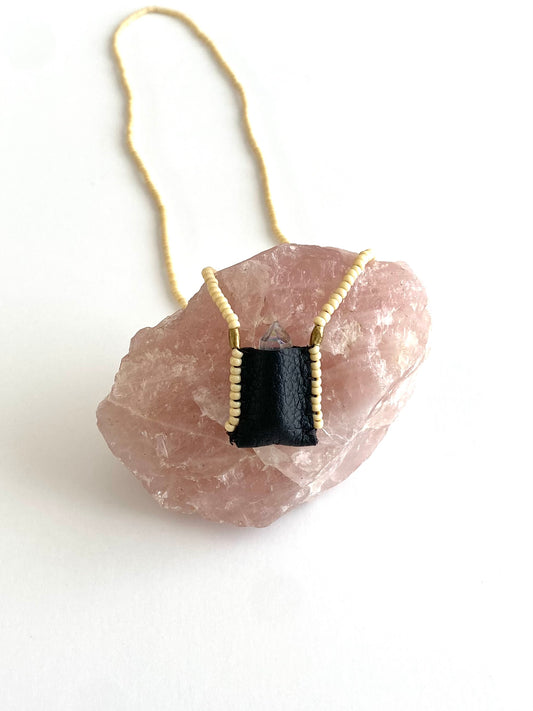 Sacred Indigenous Medicine Pouch - Black Leather With Cream Beads + Mini Crystal