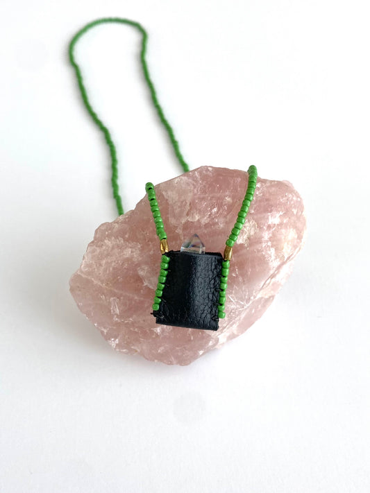 Sacred Indigenous Medicine Pouch- Black Leather With Kelly Green Beads + Mini Crystal