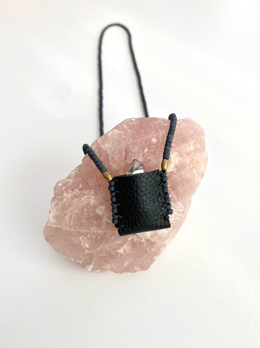 Sacred Indigenous Medicine Pouch- Black Leather With Matte Grey Beads + Mini Crystal