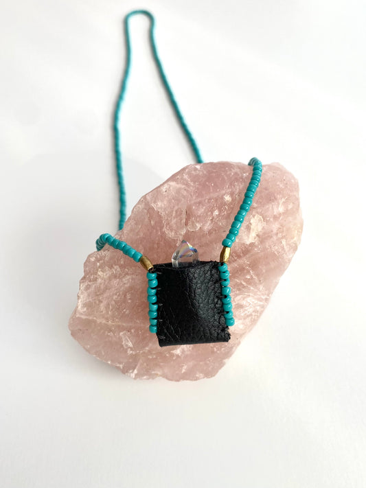 Sacred Indigenous Medicine Pouch Black Leather With Turquoise Beads  + Mini Crystal