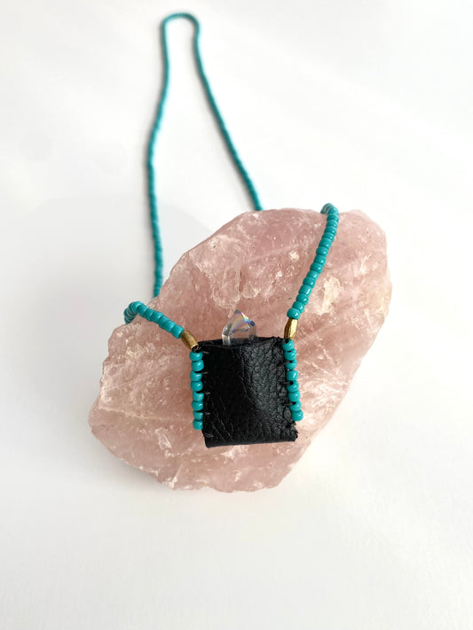 Sacred Indigenous Medicine Pouch Black Leather With Turquoise Beads + Mini Crystal